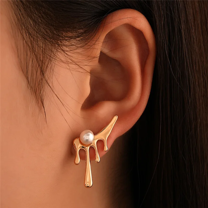 New Bow Flower Imitation Pearl Stud Earrings for Woman Vintage Gold Color Fashion Wedding Jewelry Girl QY024