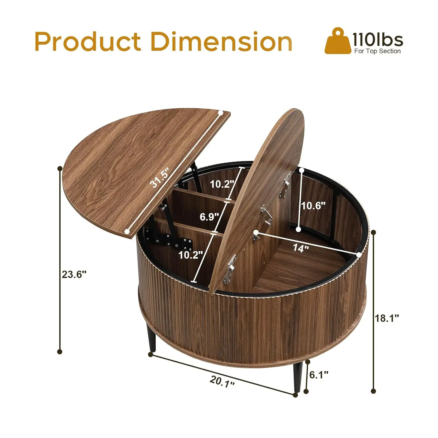 Round Coffee Table With Storage, 31.5" Lift Top Coffee Table，Fluted Modern Wooden Center Table For Living Room, Small Space