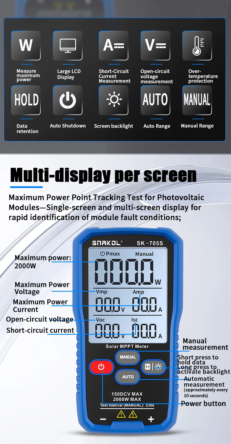 SNAKOL SK-705 Solarmodul-Tester MPPT-Tester 1000W PV-Modul MAX Leistungsmesser, Leerlaufspannung Kurzschlussstrom-Test – Detail 2