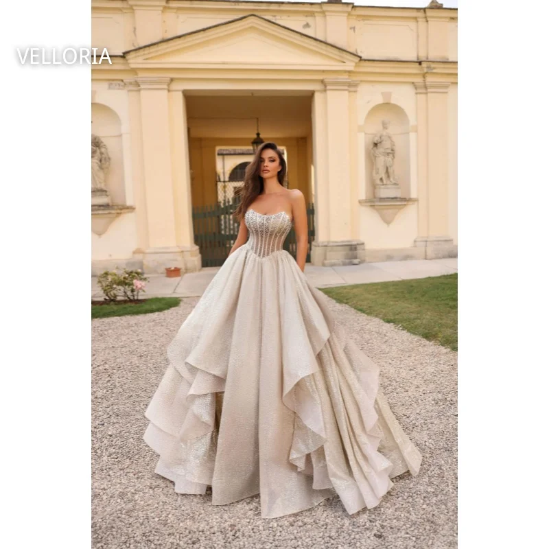

Sequined Women's Evening Gown Strapless a-Line Party Gown Luxurious Sparkling Layered Ball Gown Vestdos De Fiesta Customized