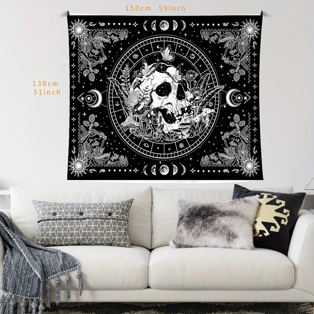 VIKAMA Dark Mysterious Style Skull Moon Phase Tapestry Black and White Astrology Printing Halloween Horror Spooky Season