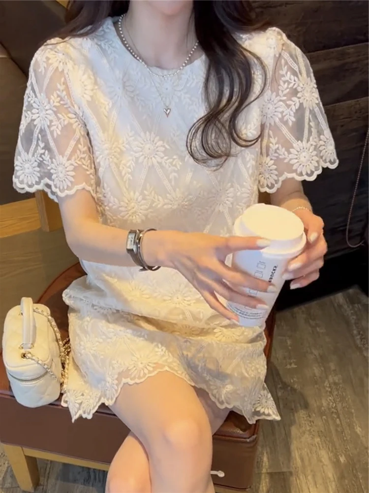 エレガントなレース刺繍サマードレス女性のミニ痩身妖精プリンセススカート通勤韓国スタイルハイウエスト半袖