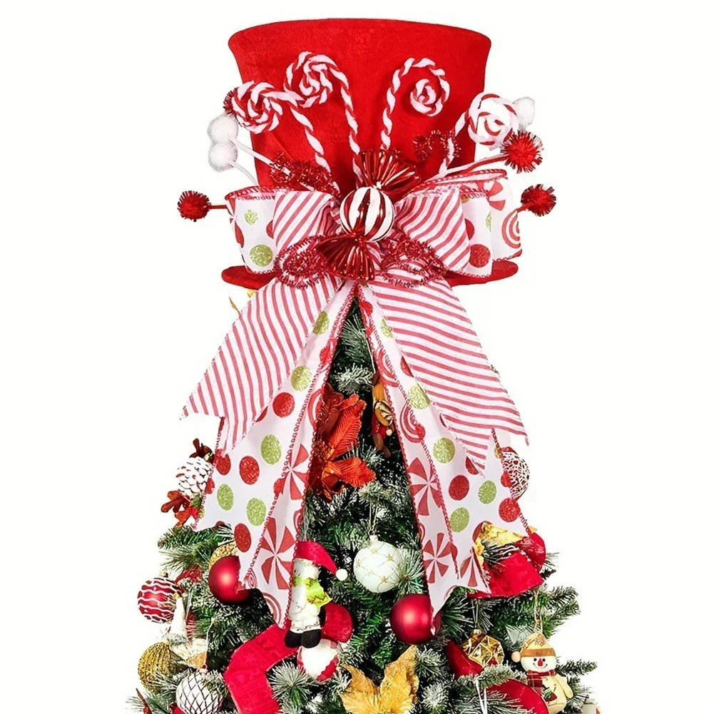 Unique Decor Christmas Tree Topper Christmas Celebration Candy Cane Accents Cheerful Decoration Cute Bow Ribbons