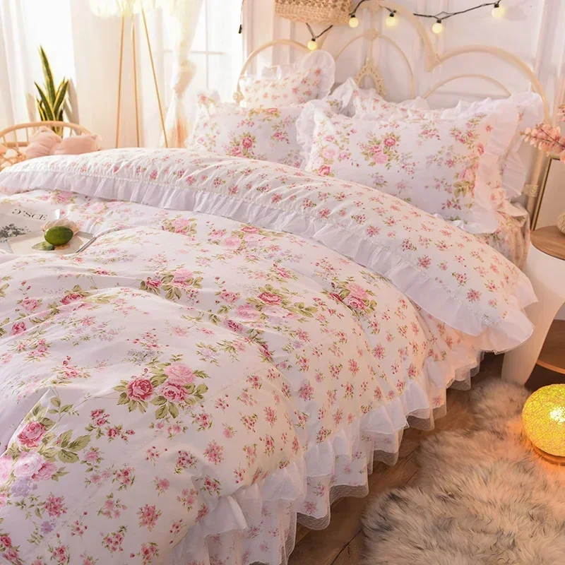 Bedding Set White Cotton Korean Style Fresh Garden Princess Lace Bed Spread Ruffles Pillowcase Duvet Cover Bed Set Queen Size