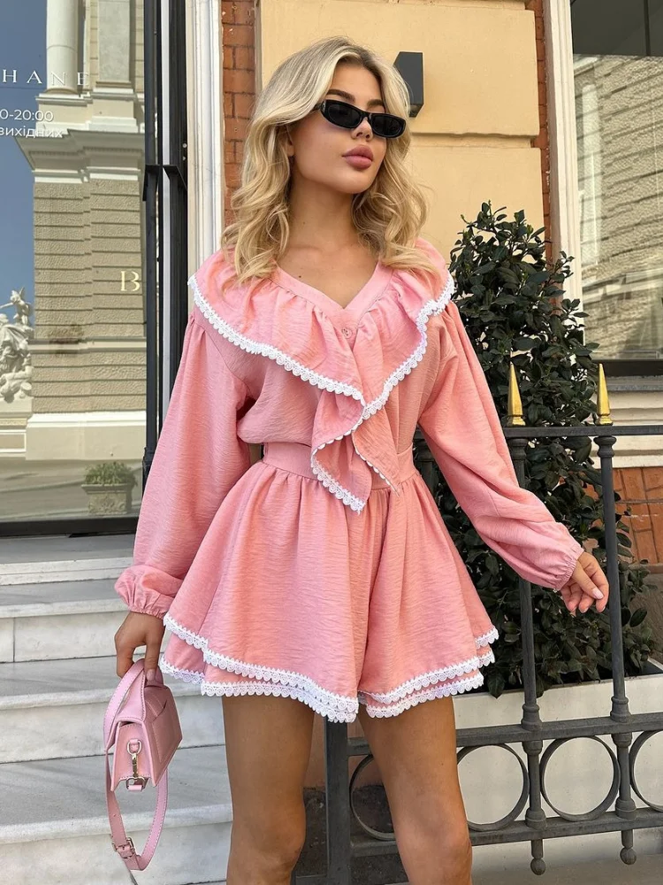 Casual Loose Lace Splicing Women Dress 2024 Fashion V-Neck Puff Sleeve Mini Skirt Elegant High Waist Ruffle Female Dresses