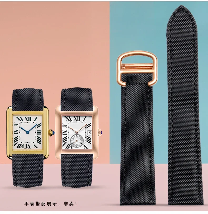 

Nylon Genuine Leather Back Watchband For Cartier Tank Must Black Knight London Canvas Watch Band Watch Strap Accessories 2022mm