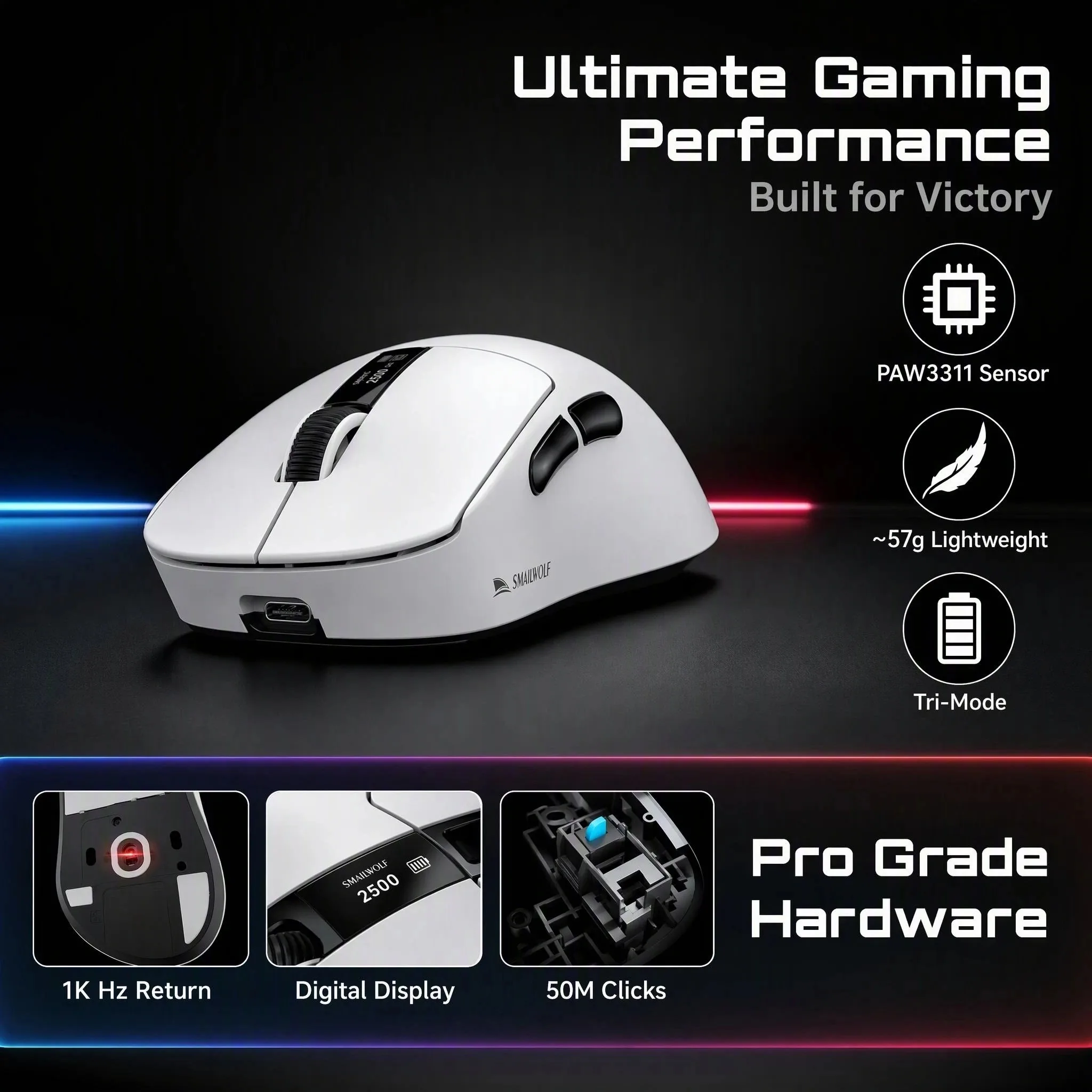 SMAILWOLF M6 Wireless Gaming Mouse PAW3311 featuring an RGB charging dock lightweight and ergonomic design ideal for PC gaming