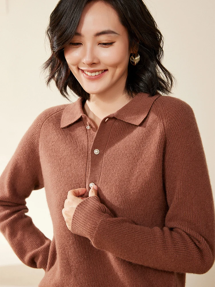

Chic 100% Merino Wool Women Turn Down Collar Buttons Pullover Sweater Knitwear Office Lady Comfort Elegant Cashmere Sweater Tops
