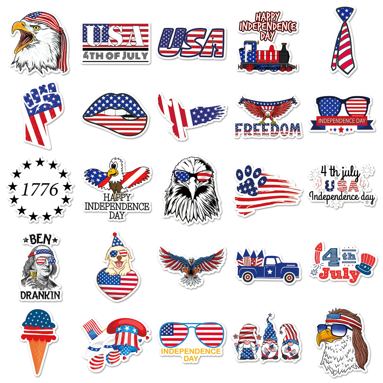 50 Pcs America Independence Day Waterproof Stickers Creative Graffiti Notebook Refrigerator Bicycle Decoration Sitcker Toys