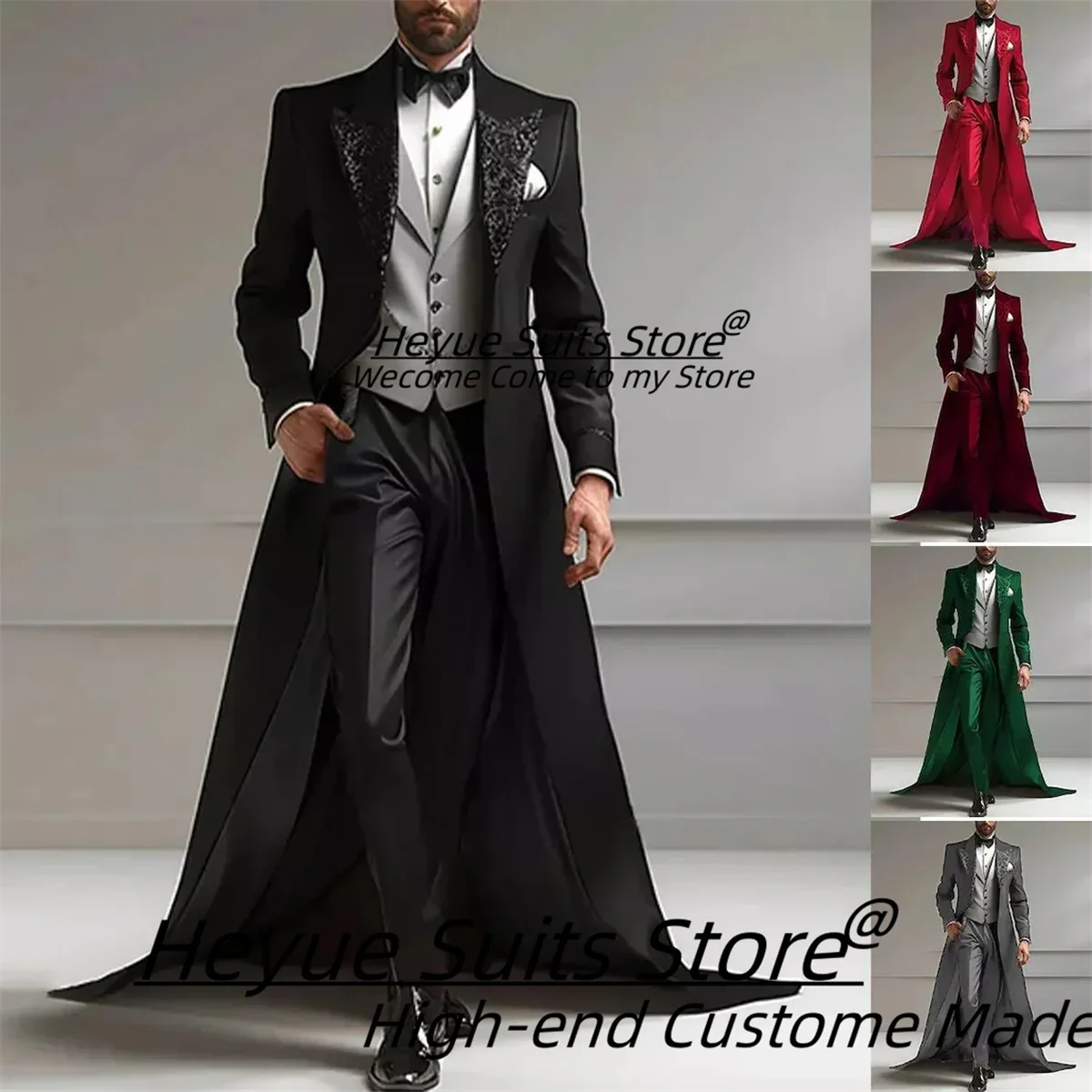 Fashion Long Men Suits 3 Pieces Sets Customized Shiny Sequin Peak Lapel Groom Wedding Tuxedos Male Banquet Blazers Ropa Hombre