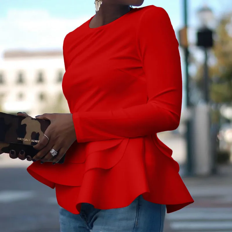 Autumn Winter Long Sleeve Women Tops Black Red Casual Tops Office Lady Elegant T-Shirts White Ruffle Solid Colors Streetwear New