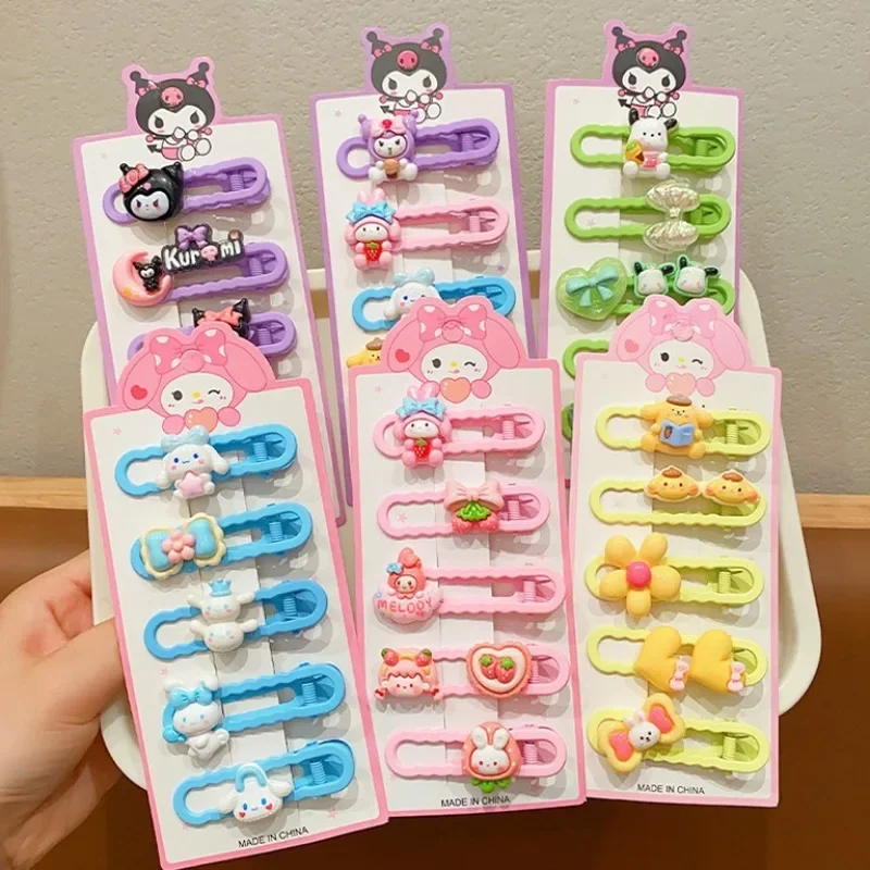 5 buah klip rambut Sanrio Hello Kitty untuk wanita lucu kartun Kuromi Cinnamoroll mode Gadis bebek klip hadiah Aksesori rambut