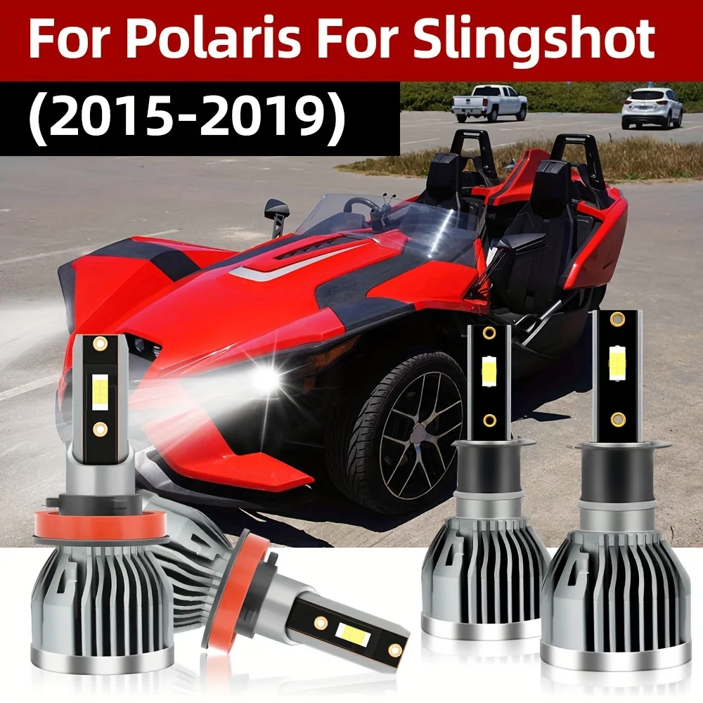 4pcs H3 H8/H9/H11 LED Headlight Bulbs for Polaris Slingshot (2015-2019) High Low Beam 6000K White Headlamp Plug-and-Play 12-24V