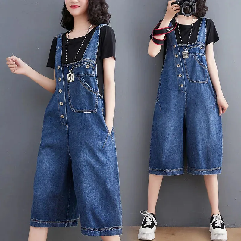 

Women's Loose Braces Denim Jumpsuit, Casual Harlan Romper Shorts, Female Denim Overalls, Summer, Five Quarter Suspenders, New