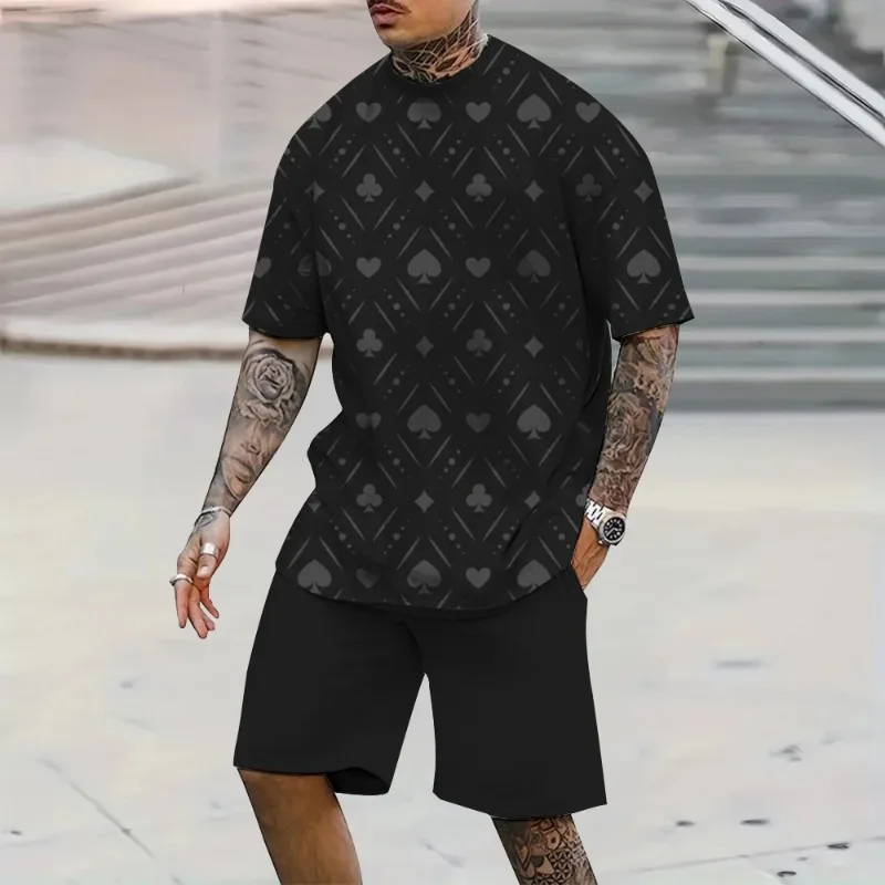 2025 3D Poker Print Summer Casual Breathable Short Sleeved Shorts Style Oversized Polyester Fiber Fashionable Men's Style