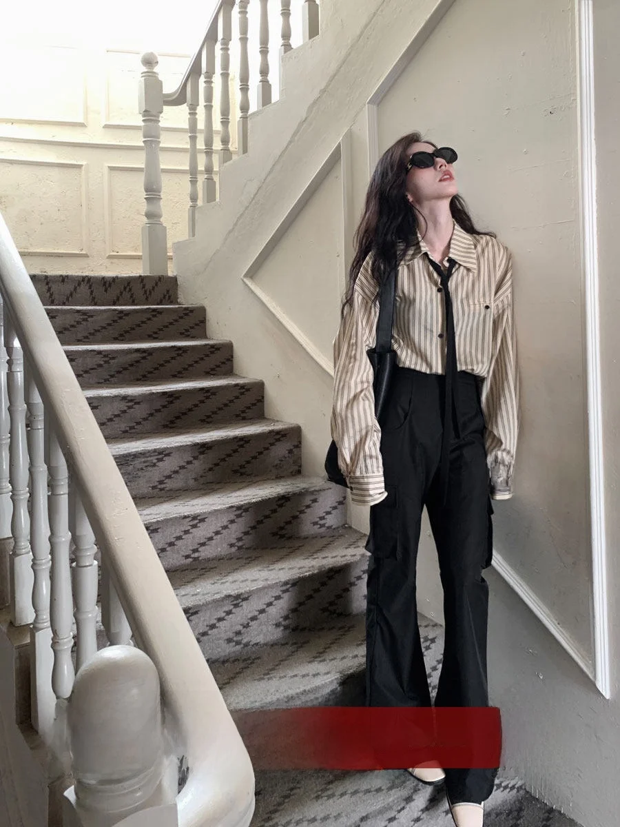 

Bla Casual Flared Pants Women's plus Size ket Detail Workwear Trousers High Waist Polyester Fiber Korean Sle Commute