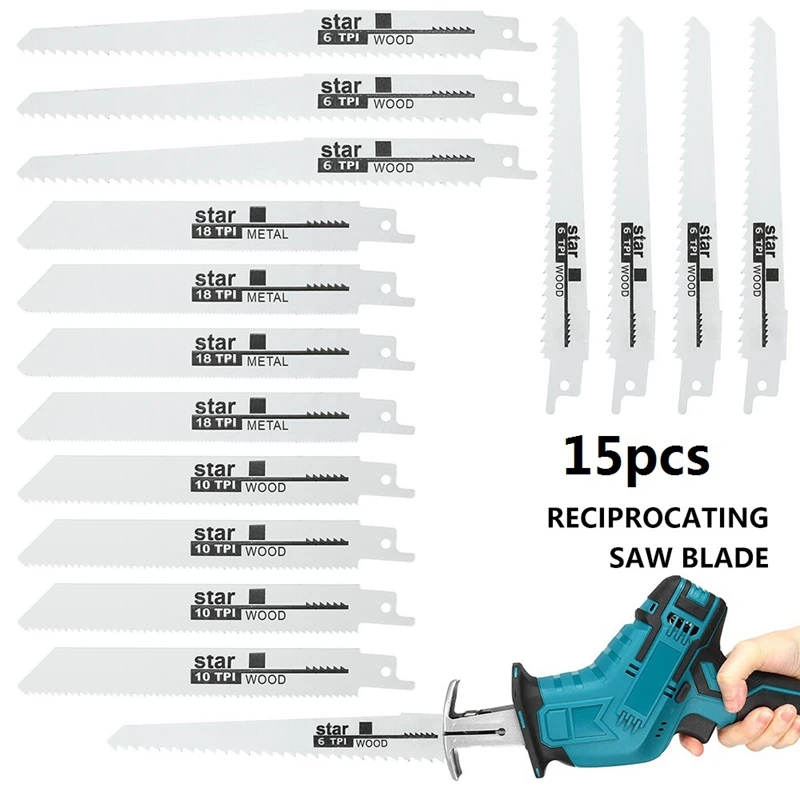 15 Pcs Reciprocating Saw Blades Wood Pruning Saber Saw Handsaw Multi Saw Blade For Cutting Wood Metal PVC Tube Power