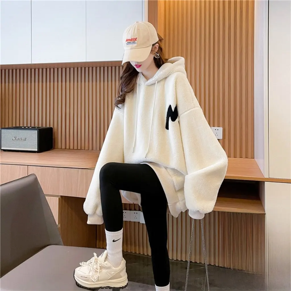 เสื้อแจ็คเก็ตมีฮู้ดบุขนแกะสำหรับผู้หญิง สไตล์ลำลอง หลวม ใส่ได้ทุกโอกาส แฟชั่นฤดูใบไม้ร่วงและฤดูหนาว