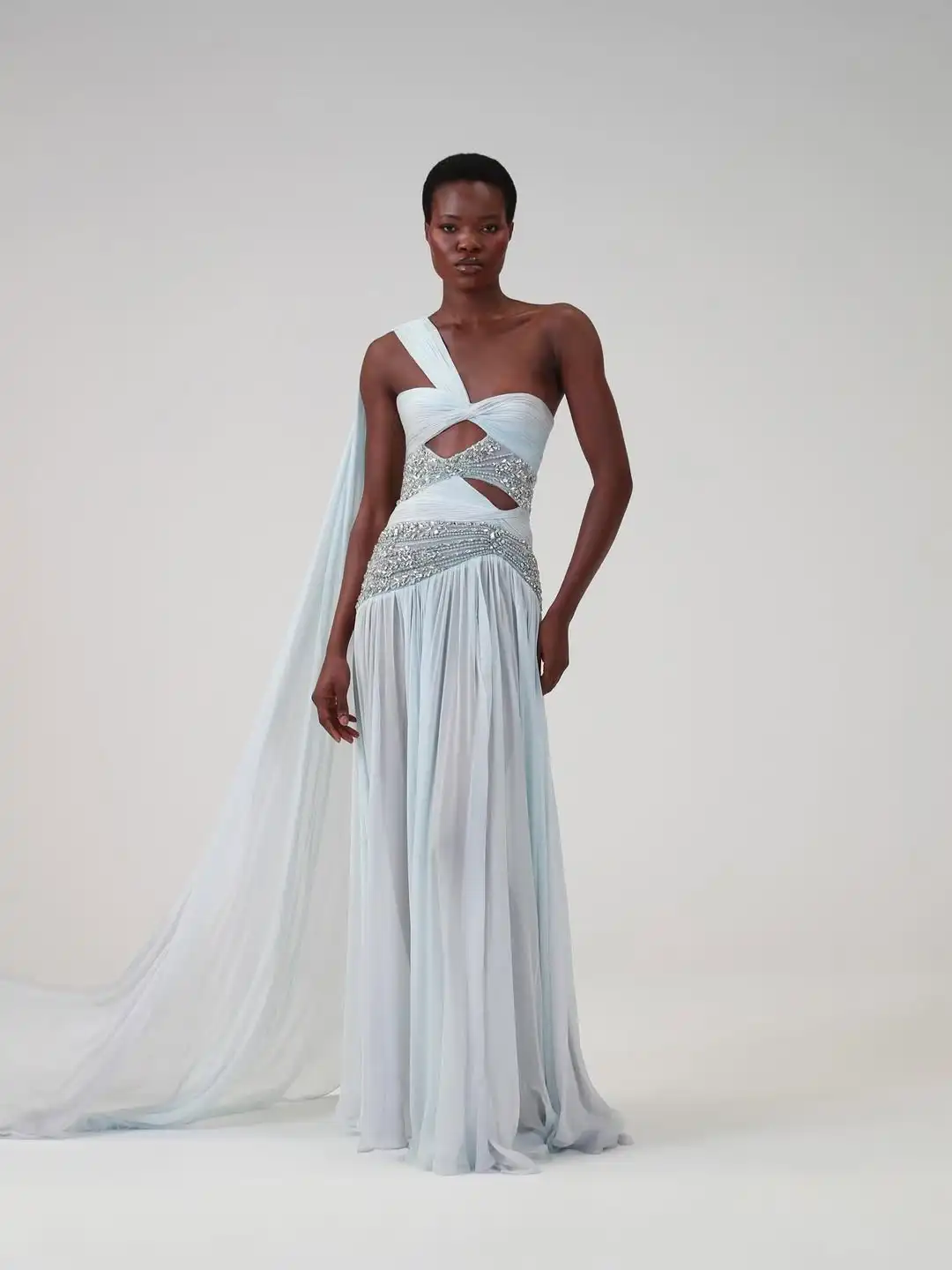 LumiGown Custom Luxury Crystal Beaded Pleated Chiffon Gown One Shoulder Waist Cutout Ice Blue Flowy Train Formal Gala Red Carpet image 3