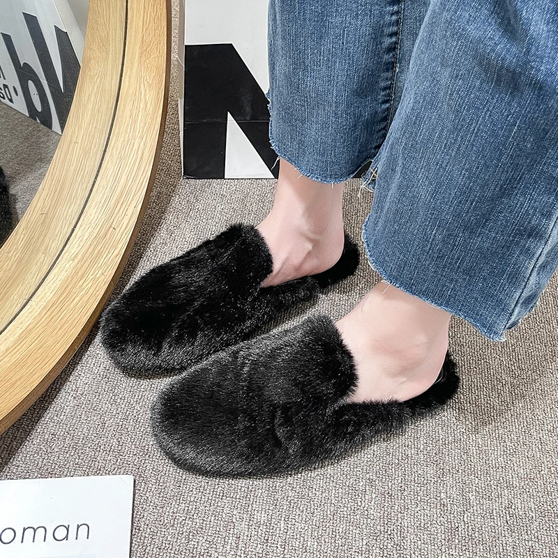 Dedo do pé redondo chinelo de pele macia mulher grosso de pelúcia mule sapatos senhoras moda deslizamento ao ar livre pantuflas inverno quente plana algodão slide