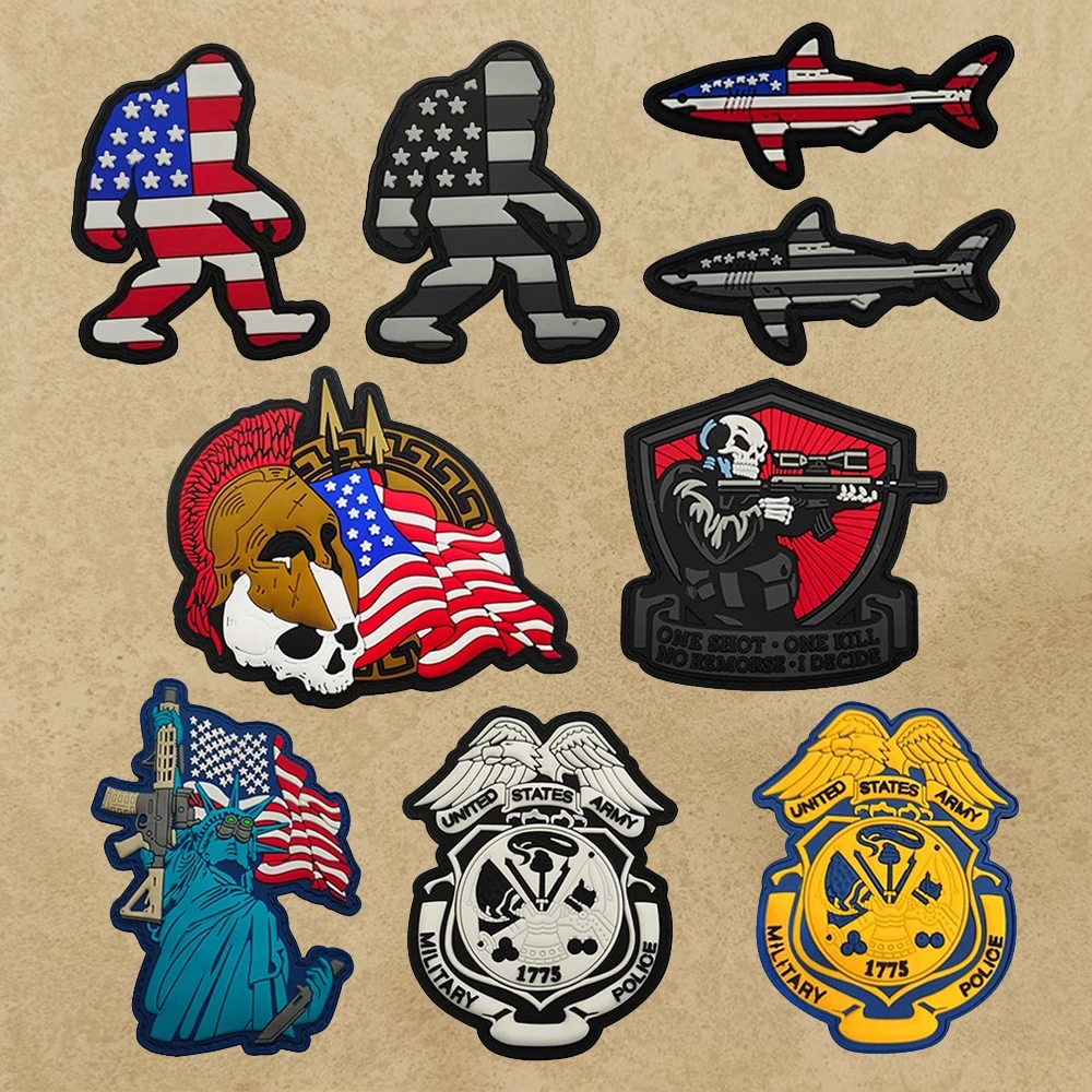 العلم الأمريكي PVC المطاط شارة بقع بيج فوت الغوريلا القرش الأسماك التكتيكية العسكرية لسترة الكتف #1