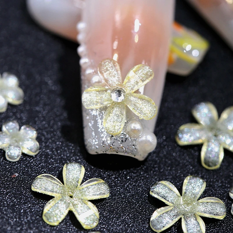 50PCS 6MM 8MM Five-petaled Flowers Nail Art Charms Glitter 3D Nail Decoration Accessories Parts Nail Supplies For Professionals