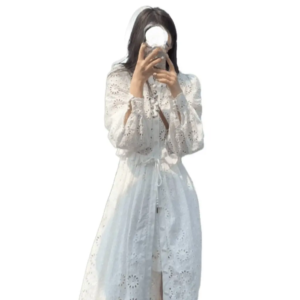 

Женская весенне-осенняя новая дизайнерская полая белая кружевная юбка с длинными рукавами, костюм в тяжелом французском индустриальном стиле