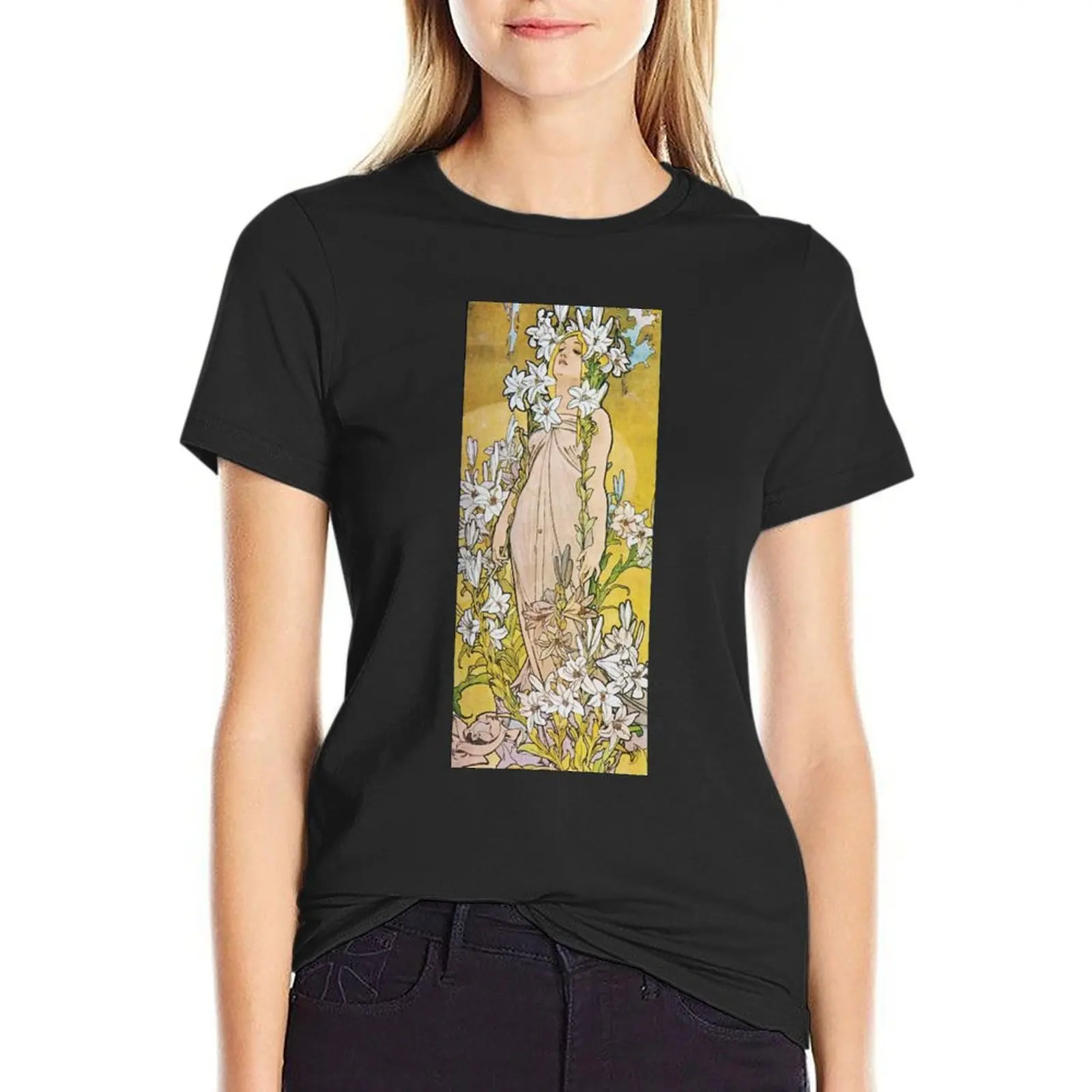 Alphonse Mucha - Lily T-Shirt summer top oversized Short sleeve tee aesthetic clothes rock and roll t shirts for Women