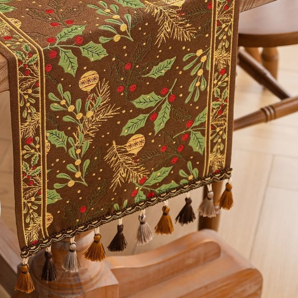 Jacquard Christmas Table Runner Fringed Gradient Tassel Table Cabinet Cover Cloth Long Strip Berry Pattern Tablecloth Home