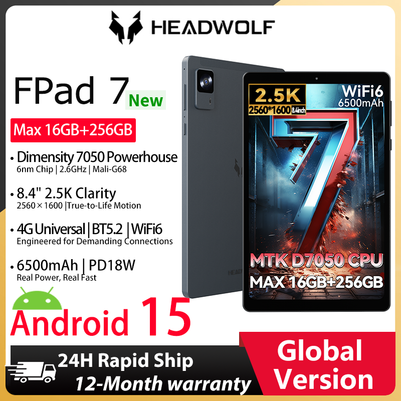 Headwolf FPad7 tablet 8" FHD Display Android 15 MTK Dimensity 7050 CPU 2560x1600 IPS/16GB+256GB/ 4G LTE 4G LTE Global Version