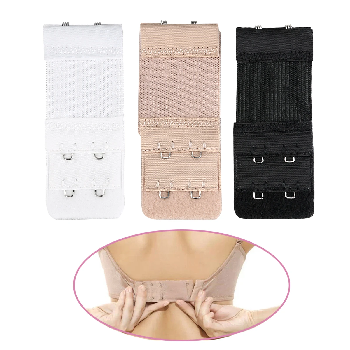 

3pcs Bra 2 Hook Bra Extender 2 Hook Black White Nude 7 6x3 3cm Elastic Cotton Stainless Steel Lingerie Adjusters