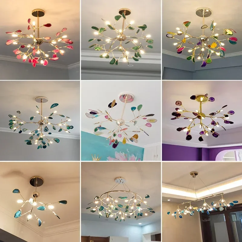 Lámpara colgante LED de ágata colorida moderna, candelabro con forma de hojas románticas, decoración artística para sala de estar, luces LED