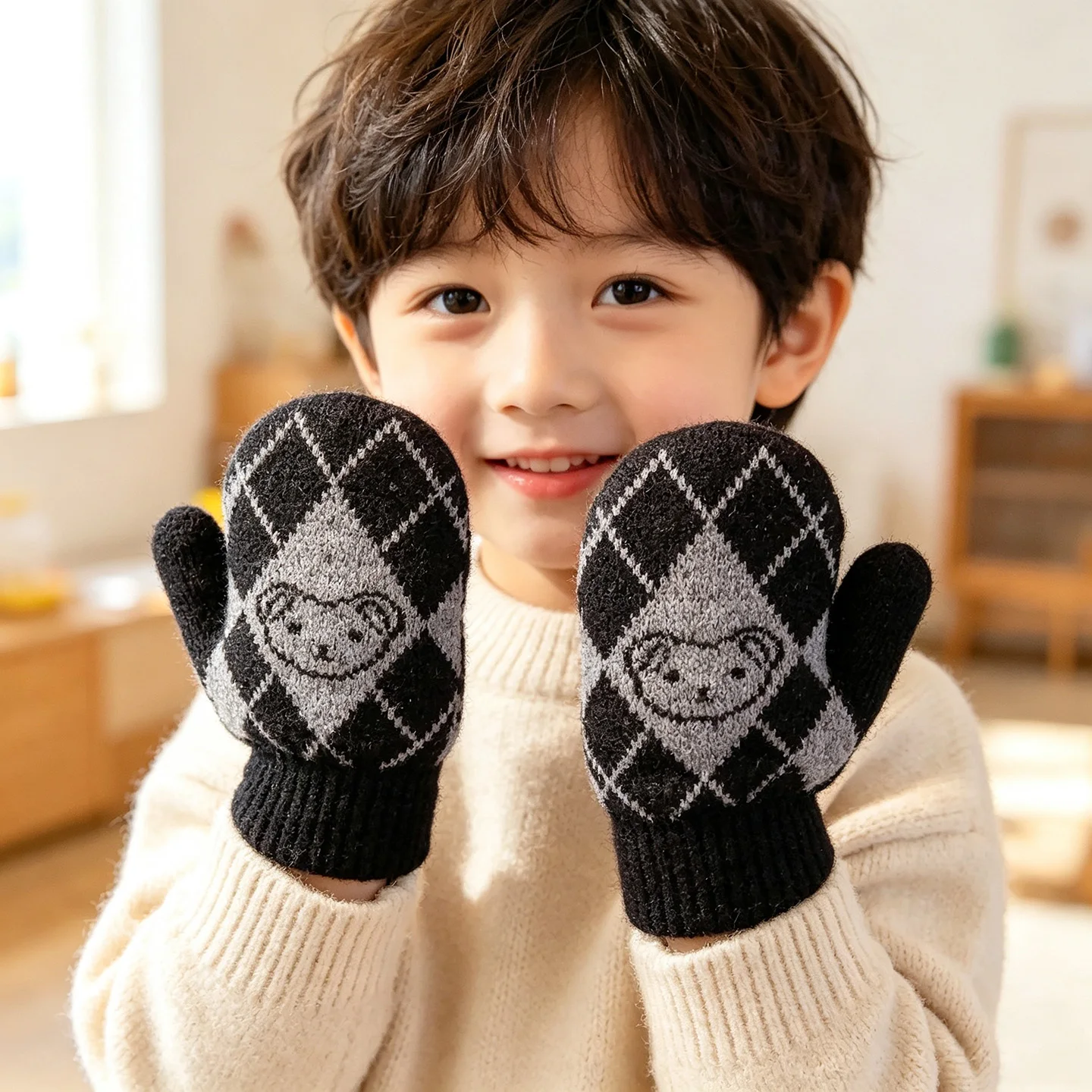 Kinder-Winter-Strickhandschuhe, Fleece-Warm, Argyle-Karo, Einfacher Bären-Jacquard, Dehnbarer Rippenbündsch, Kältebeständig, Vintage-Stil Handschuhe 2026 – Detail 6