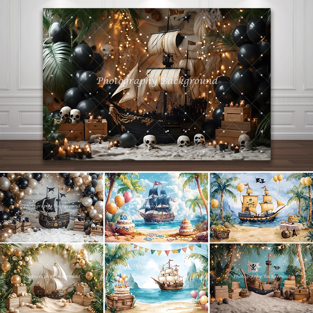 Fondo de fotografía de barco pirata buscando tesoro, vela de madera, globo de marinero, telón de fondo para fiesta de cumpleaños para niños