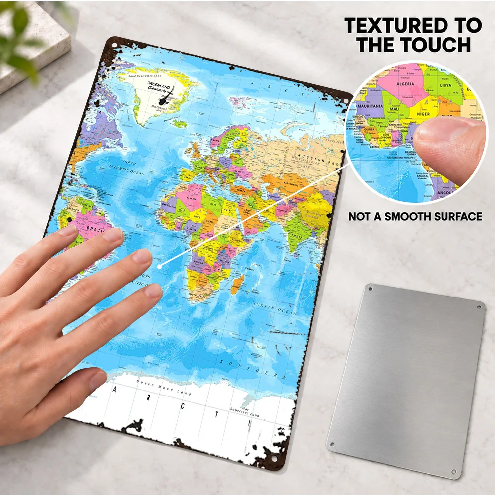 World Map With Country Borders Aluminum Poster Personalized Metal Sign Colorful Political Cartography Wall Art For Home Office