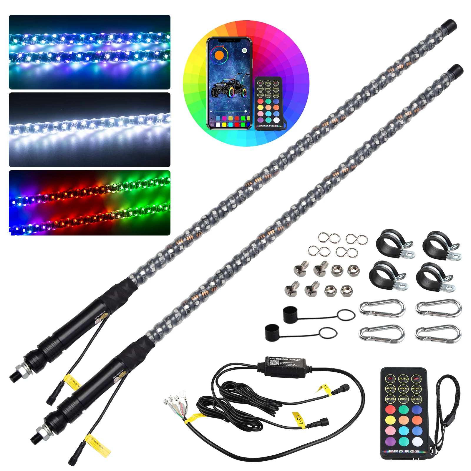 2PCS 3FT LED Whip Lights Remote Control Flagpole Antenna Whips for UTV ATV Off Road Truck Sand Buggy Dune RZR