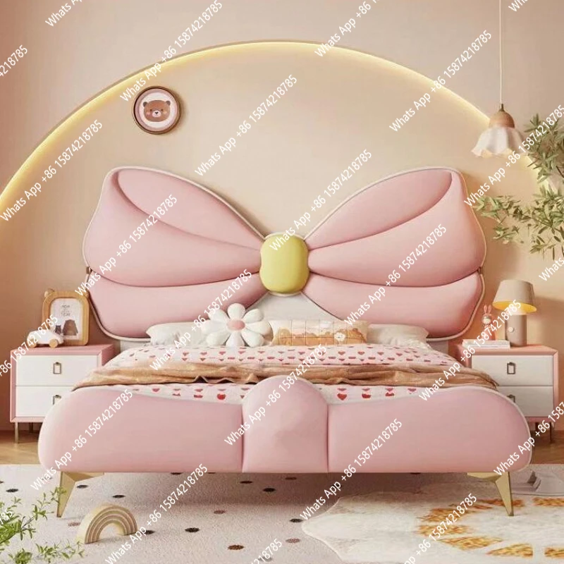 

Кровать принцессы с бантом, розовая кожаная кровать 1,35, современная простая легкая роскошная детская кровать для спальни для девочек-подростков