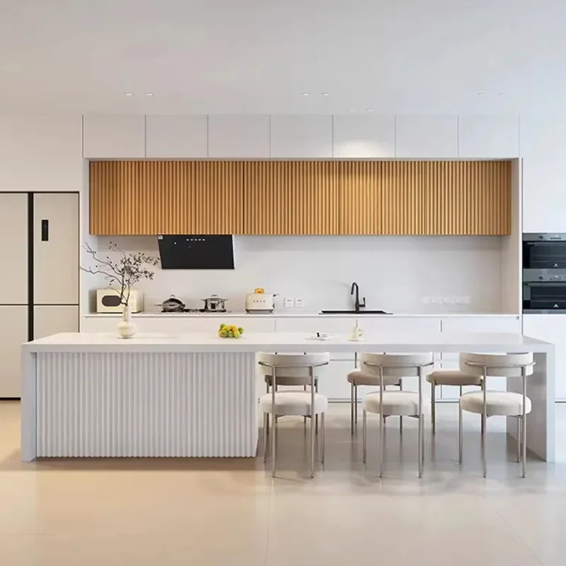 Flush Rock Slab Island Dining Table with Integrated Sink Induction Cooker and Tea Tray for Open Kitchen Bar Small Apartment