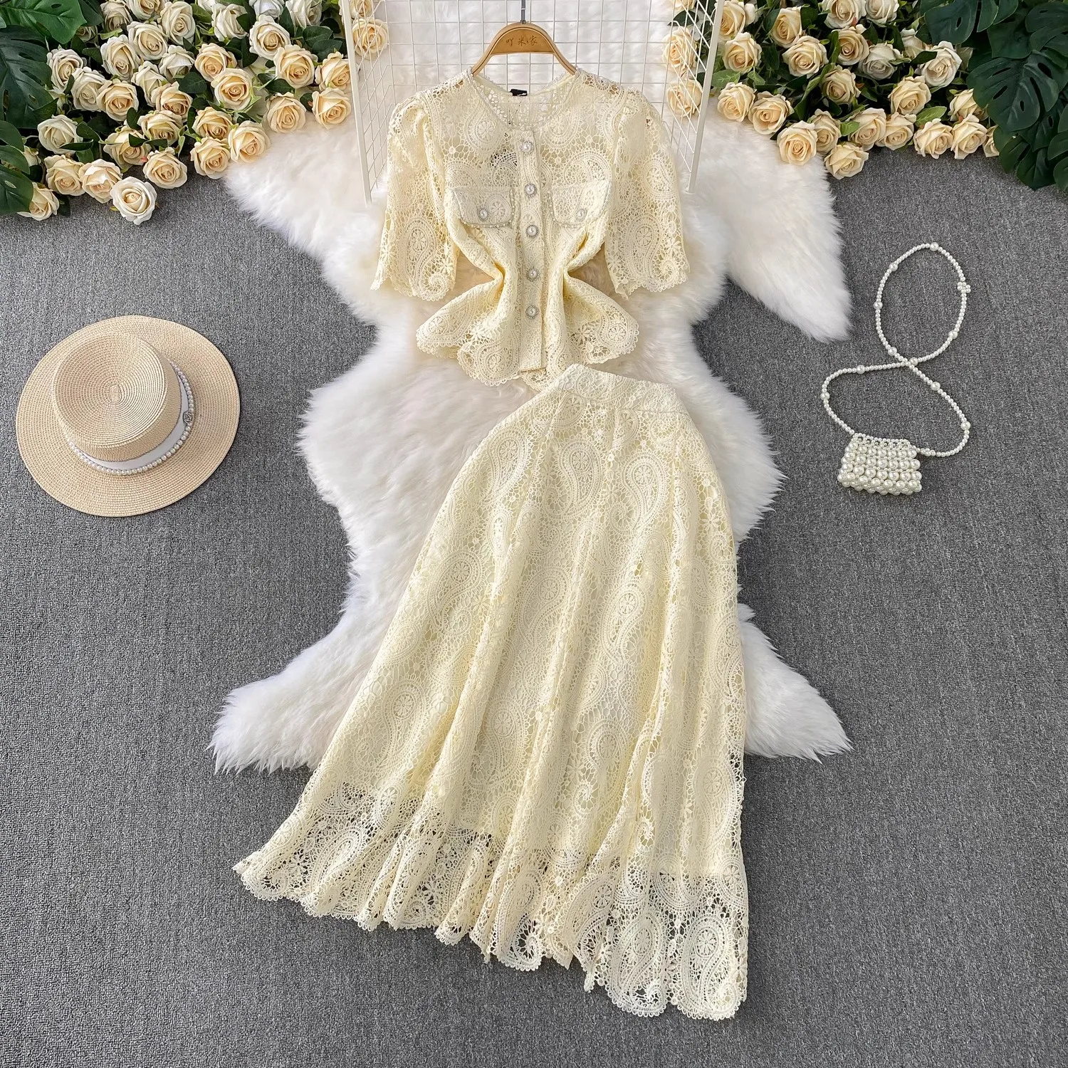 

Summer Holiday Women's Lace Two-Piece Set with Flower Embroidery Beaded Pearls Button Top And Midi Long Skirt Designer Brand