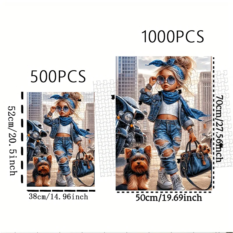 女の子、メガネ、ヘッドスカーフ、デニムジャケット、破れたジーンズ、ハンドバッグ、子犬、バイク、都市の建物パズル 500ピース/1000ピース 大人向けパズル