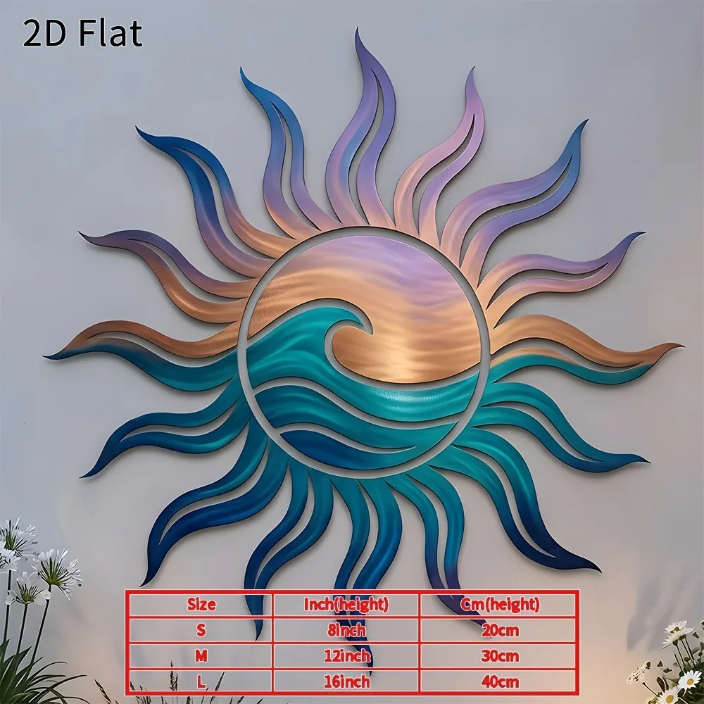 2D Flat Wrought Iron Sun Wall Art, Handmade Blue Flame Design, Rustic Powder Coated Metal Decor for Indoor Outdoor Garden Patio