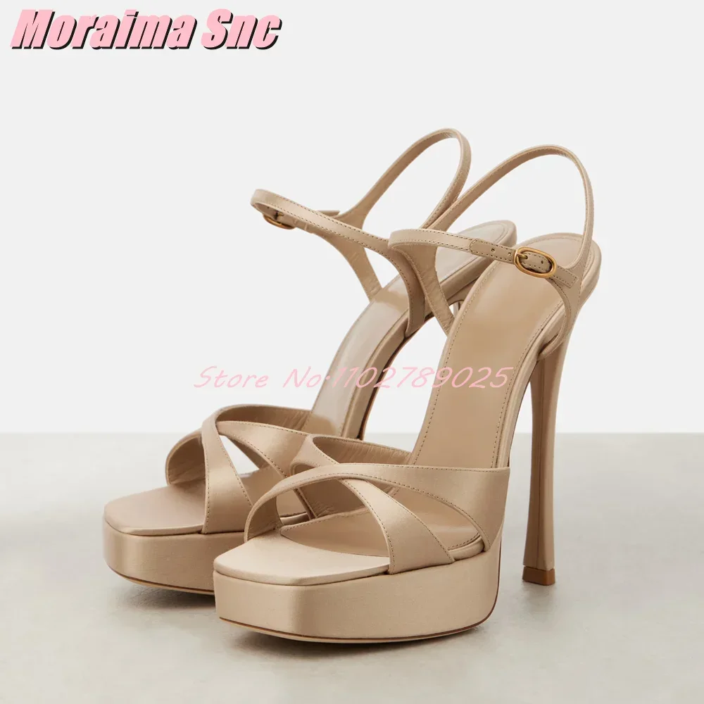 

Satin Platform Cross Strap Sandals Square Toe Stiletto High Heel Ankle Buckle Strap Sexy Fashion Women's Dress Shoes Banquet New