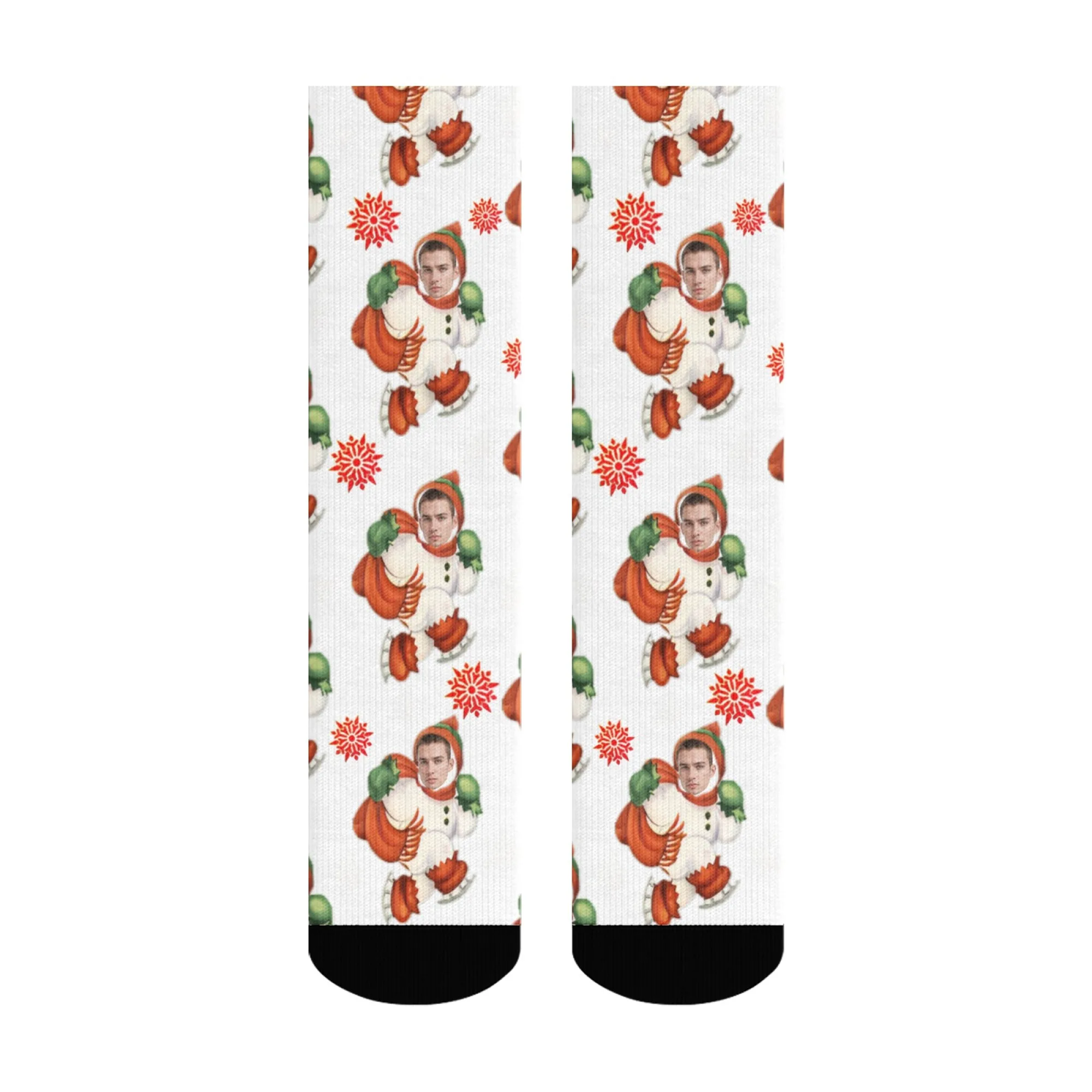 Calzini natalizi con pupazzo di neve con faccia personalizzata bianchi con fiocchi di neve rossi e punta nera Esilarante regalo personalizzato per la celebrazione delle vacanze