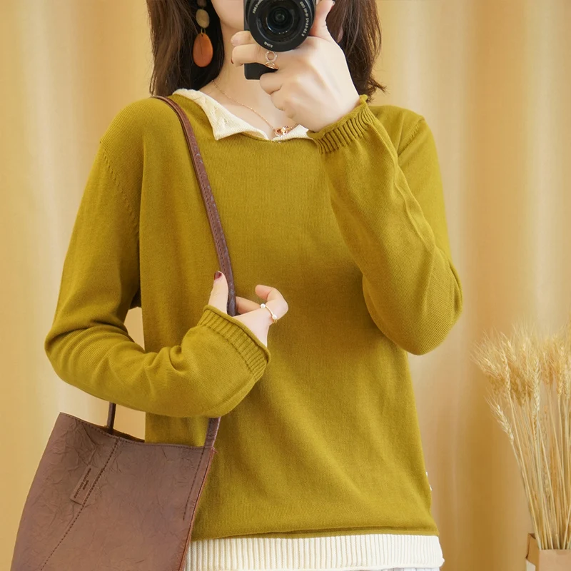 Women's Pullovers Autumn/Spring New 100% Cotton Sweaters Casual Patchwork Knitwear Ladies' Tops Loose V-Neck Basics Blouse