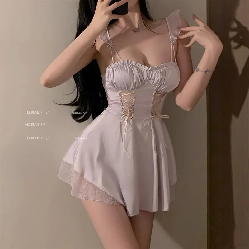 Sexy Lace Suspender Nightdress Female Nightgown Chemise Sleepwear Gown New Summer Sleepwear Dress Women Silky Satin Homewear