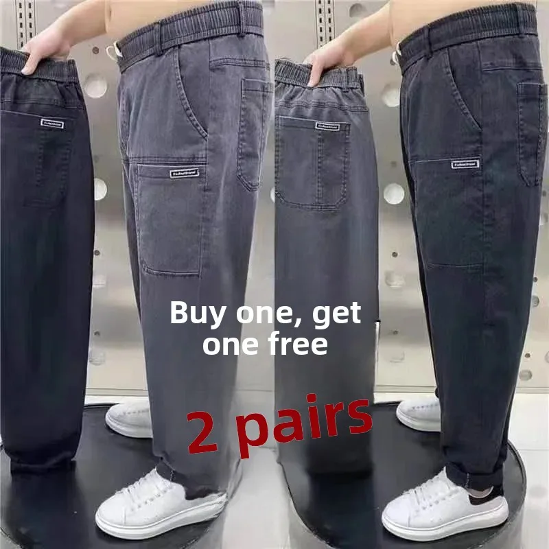 Men's Workwear Jeans Straight Leg Cotton Trousers Elastic Casual Style Autumn Spring Large Size Wear Resistant Multi Pocket