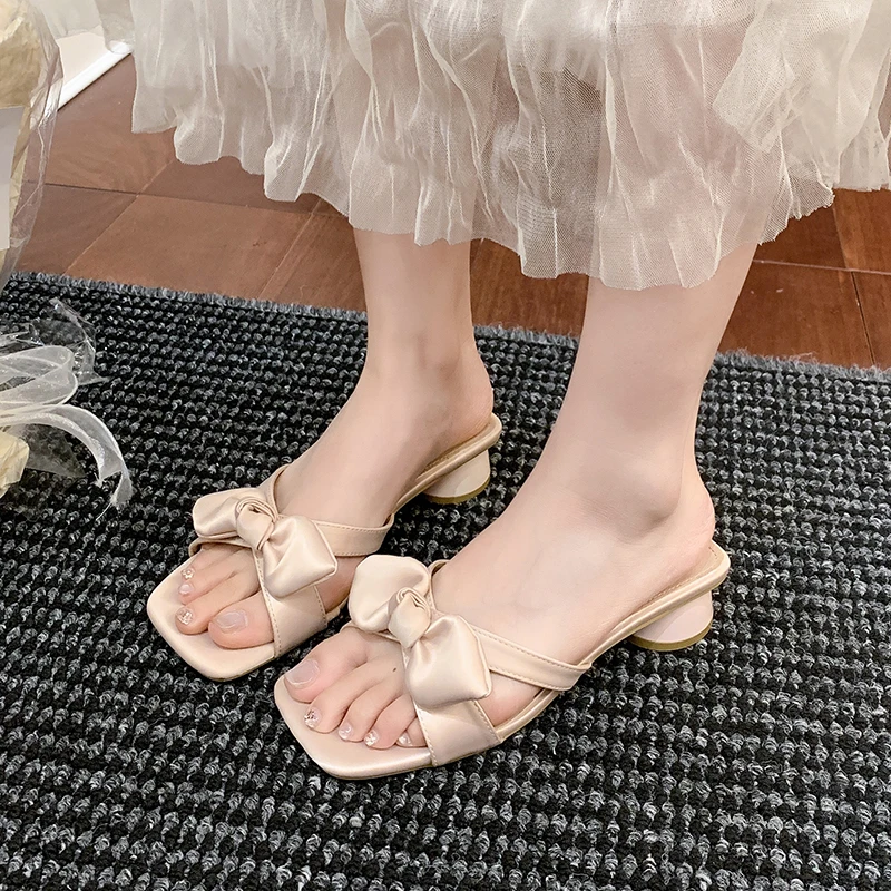 المرأة Bowknot عالية الكعب النعال ساحة المفتوحة تو الانزلاق على الصنادل تنفس عادية عدم الانزلاق بلون الشرائح النساء النعال #4