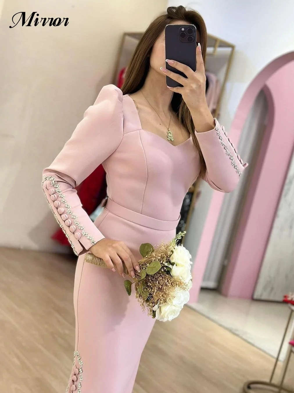 Vestido de fiesta de noche con cuentas de cristal, elegante vestido de espejo Vintage, Rosa dulce, botón personalizado, ocasión Formal, graduación