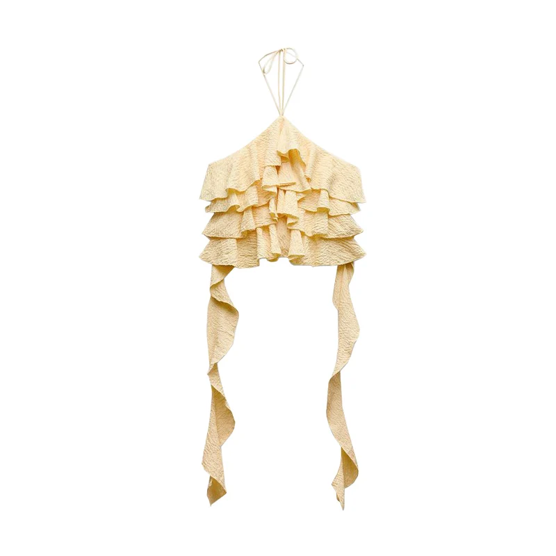 Top corto ort Sve para mujer, diseño Irregular, dobladillo con volantes, chaleco de línea Ne colgante, fibra de poliéster, corte ajustado, novedad de verano