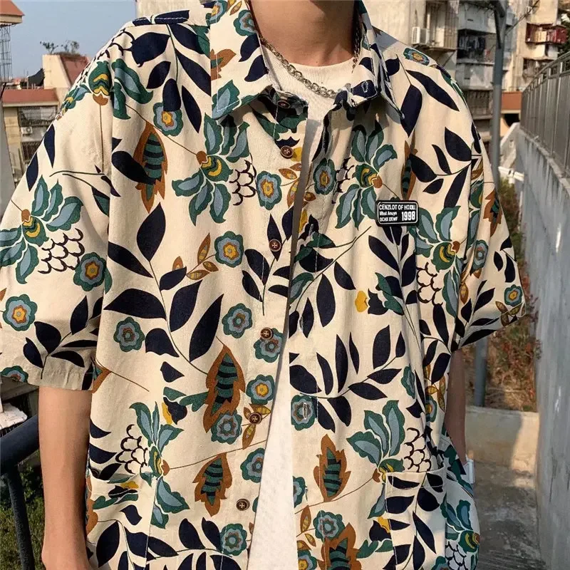 Sycpman-Camisa de manga corta con estampado Floral Retro para hombre, ropa informal holgada de algodón, hawaiana, de gran tamaño